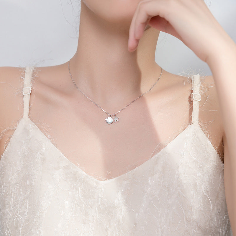 Mother of Pearl Shell with Zircon Starfish Silver Necklace for Women