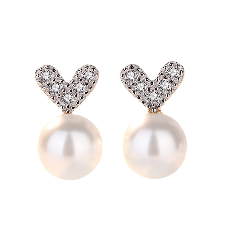 V Zircon Heart with Pearl Silver Studs Earrings for Women