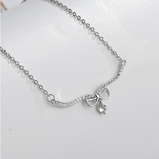 Large V-shape Bow with Zircon Pendant Silver Necklace for Women