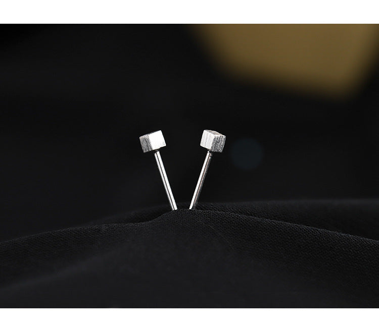 Wire-drawn Mini Cube Silver Studs Earrings for Women