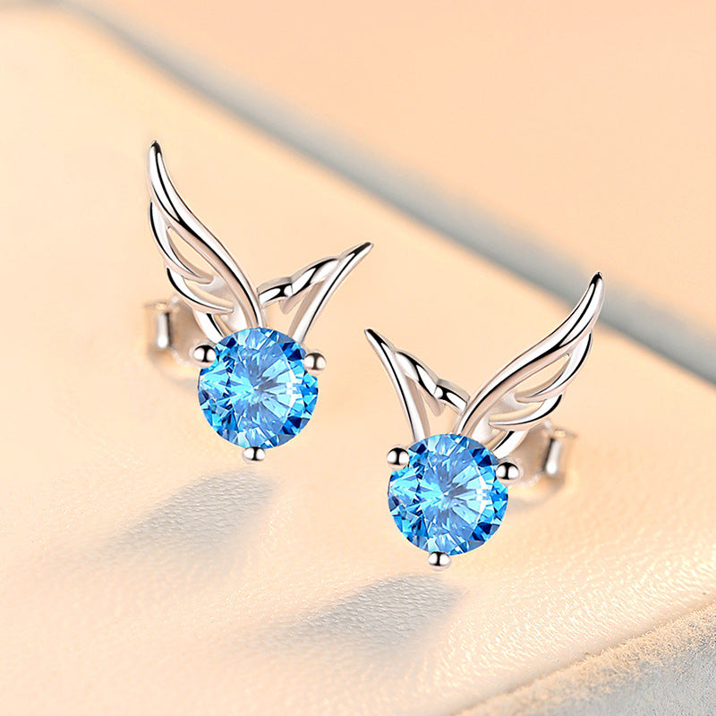 Round Zircon Angle Wings Silver Studs Earrings for Women