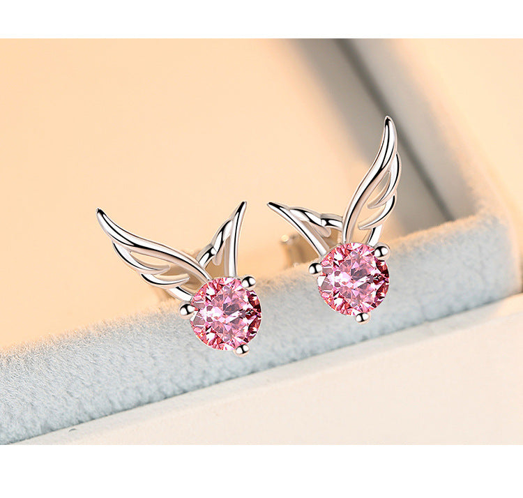 Round Zircon Angle Wings Silver Studs Earrings for Women