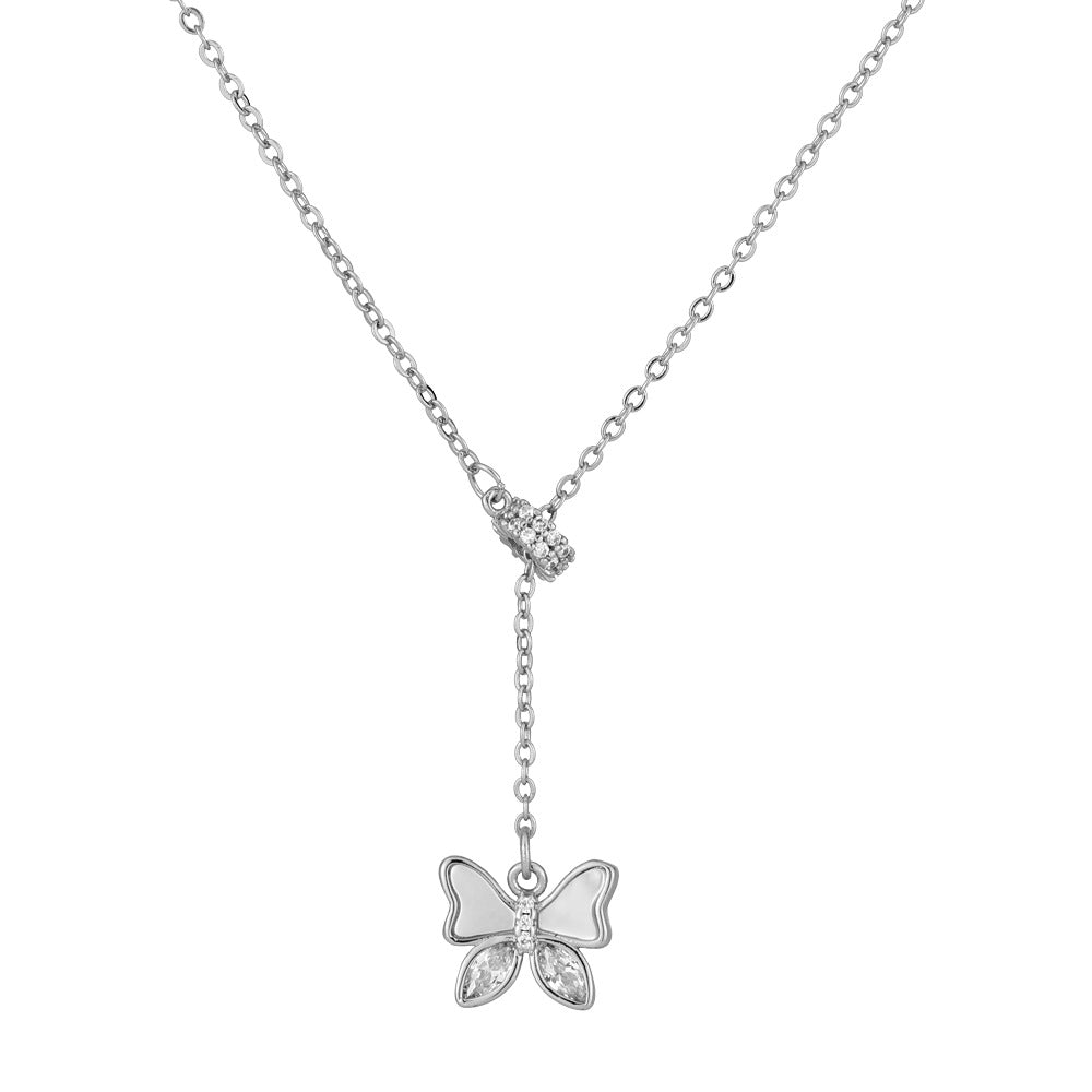 Mother-of-pearl with Zircon Butterfly Tassel Silver Necklace for Women