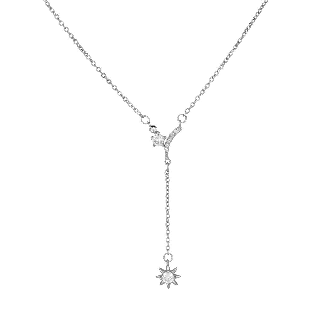 Stylish V-shape with Zircon Sun Tassel Silver Necklace for Women