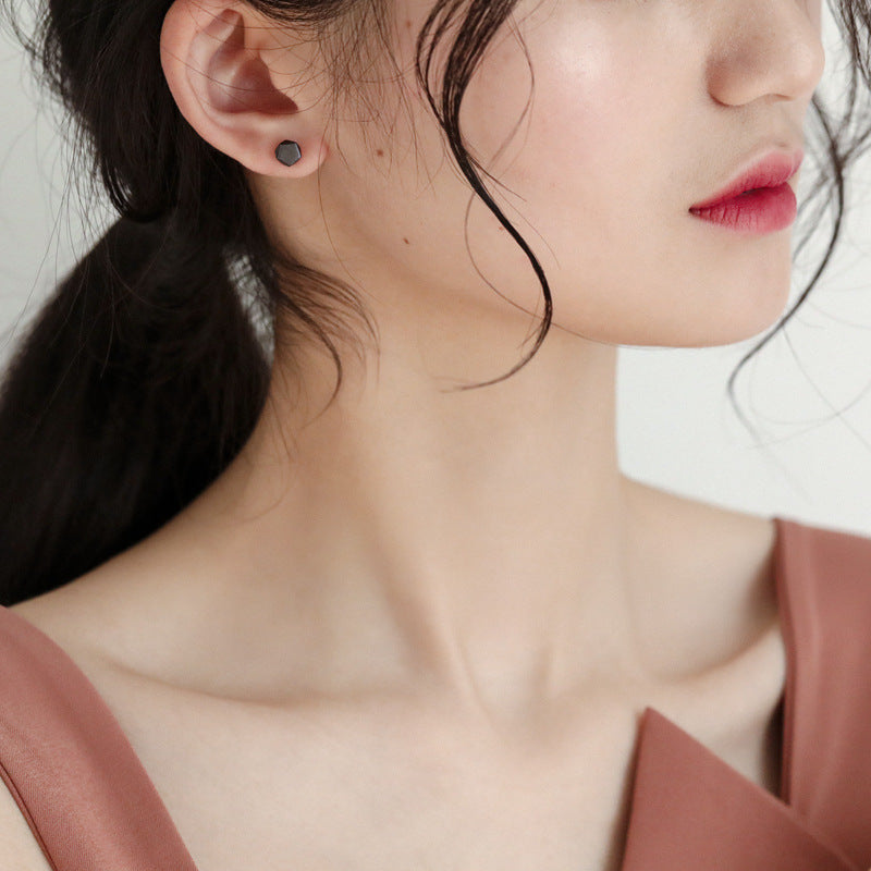 Polygonal Design Brushed Silver Studs Earrings for Women