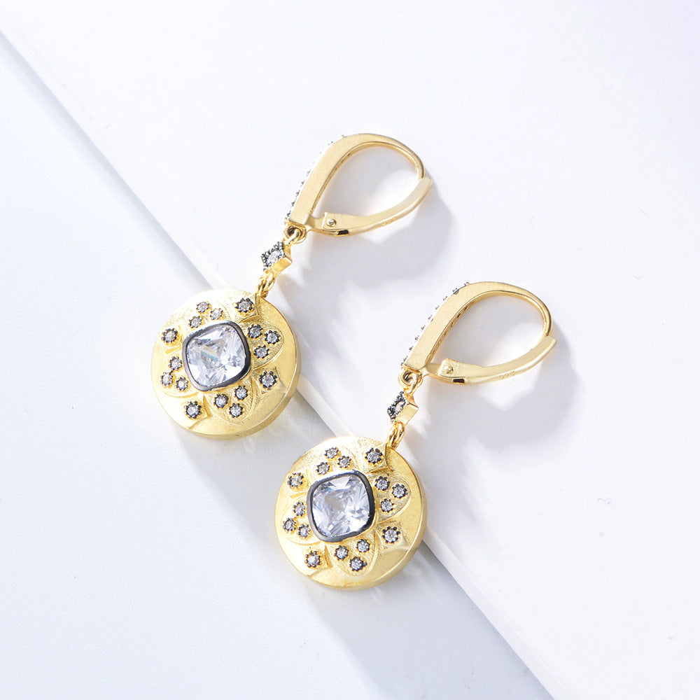 Vintage Circle with Zircon Silver Drop Earrings for Women