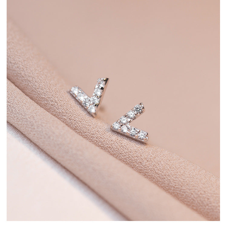 Small Zircon V-shaped Silver Studs Earrings for Women