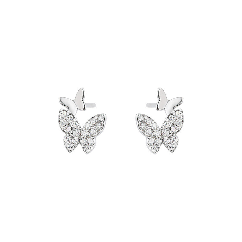 Double Butterflies with Zircon Silver Studs Earrings for Women