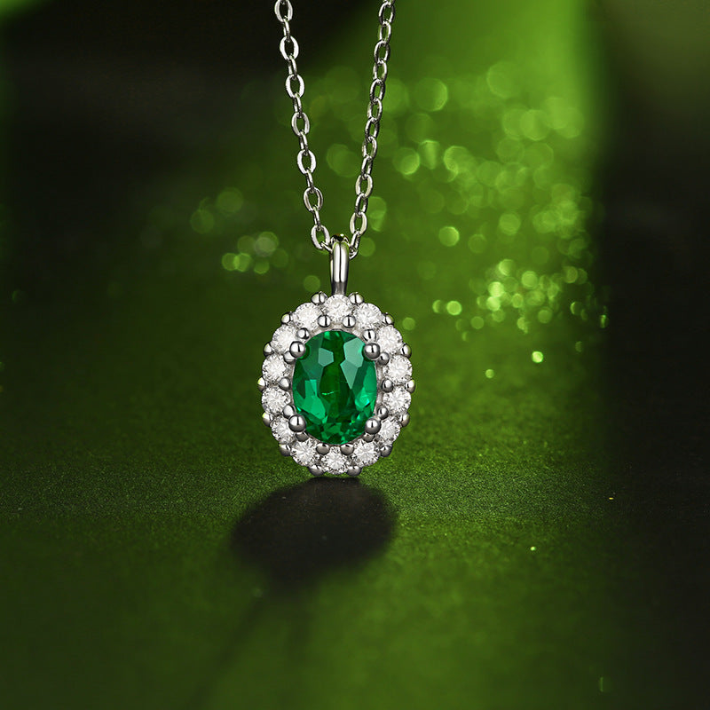 (1.5CT) Lab-Created Emerald Oval Ice Cut Soleste Halo Pendants Silver Necklace for Women