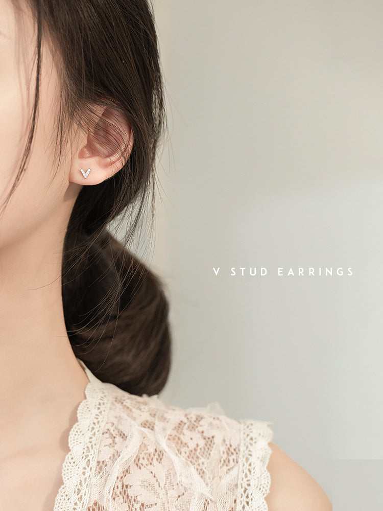 Small Zircon V-shaped Silver Studs Earrings for Women