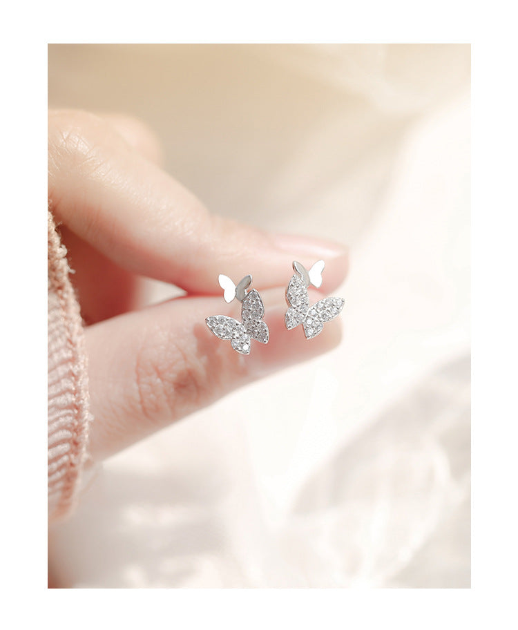 Double Butterflies with Zircon Silver Studs Earrings for Women