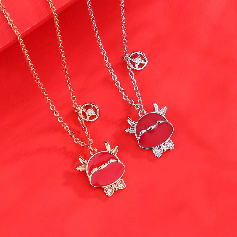 Red Cow with Zircon Pendant Silver Necklace for Women