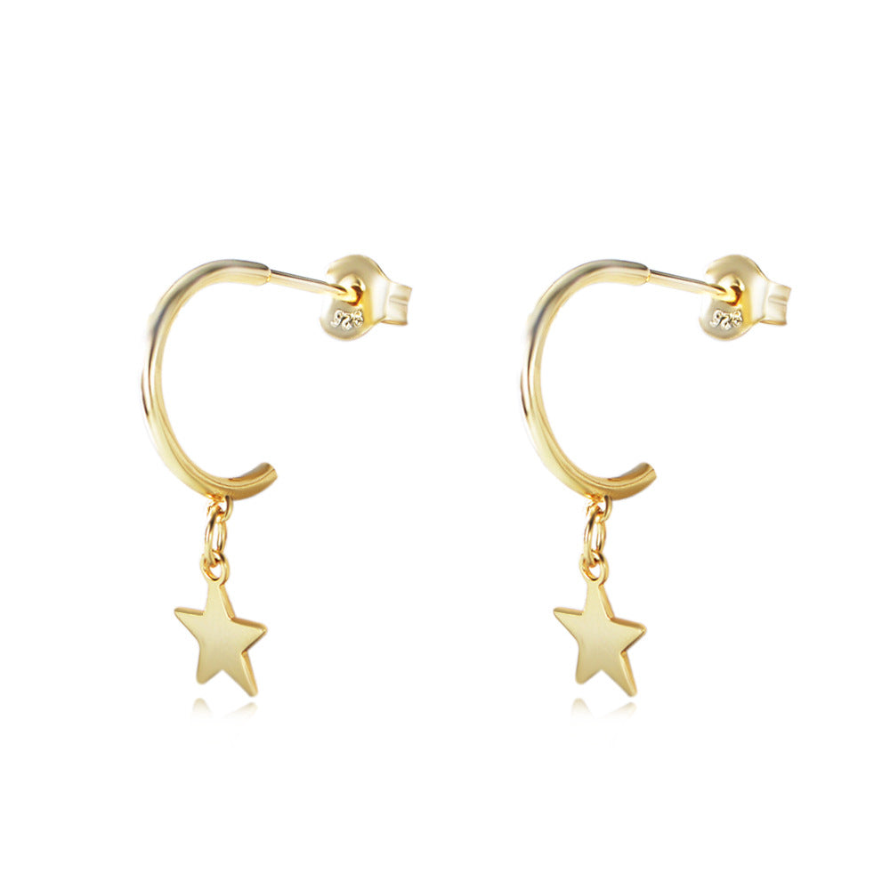 Star Pendant C-shaped Silver Studs Earrings for Women