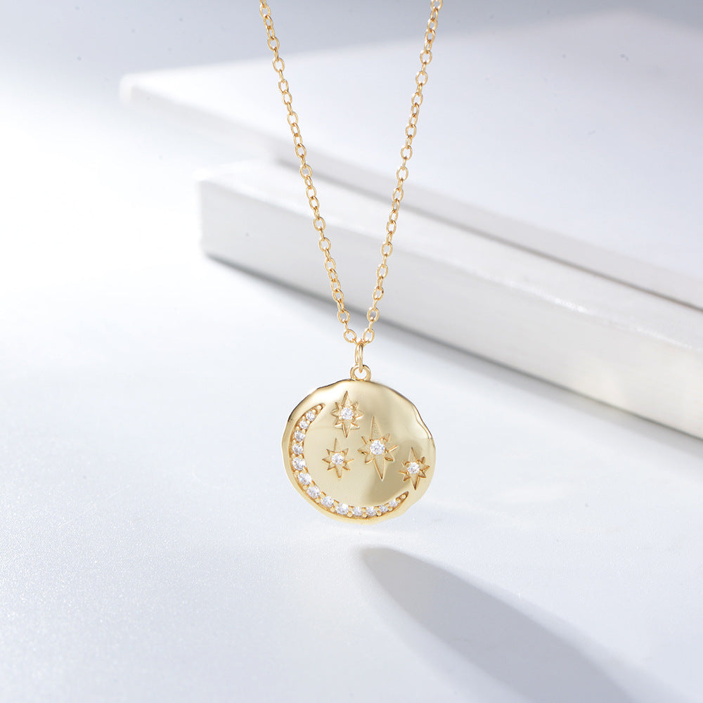 Star Moon with Zircon Circle Pendant Silver Necklace for Women