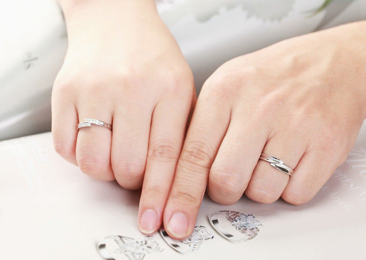 Stripe with Zircon Opening Silver Couple Ring