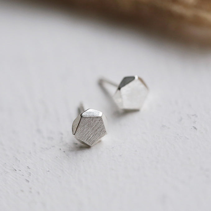 Polygonal Design Brushed Silver Studs Earrings for Women