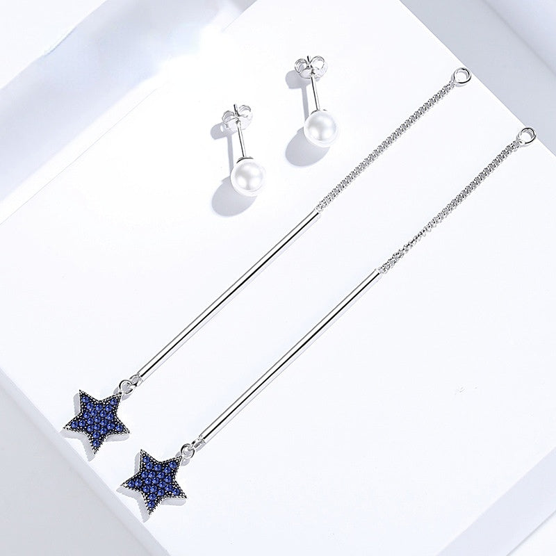 Blue Zircon Star with Pearl Long Tassels Silver Drop Earrings for Women