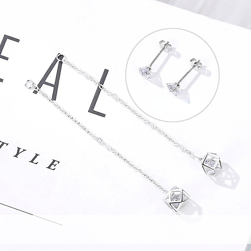 Two Wearing Rubik‘s Cube with Zircon Long Style Silver Drop Earrings for Women