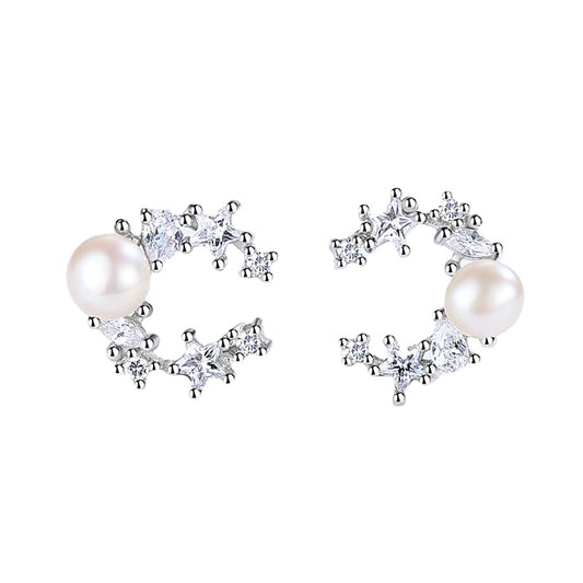 Moon Star with Pearl Silver Studs Earrings for Women