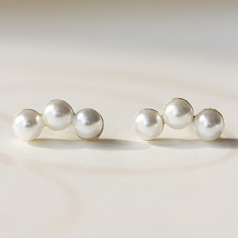 Three Pearls Silver Studs Earrings for Women