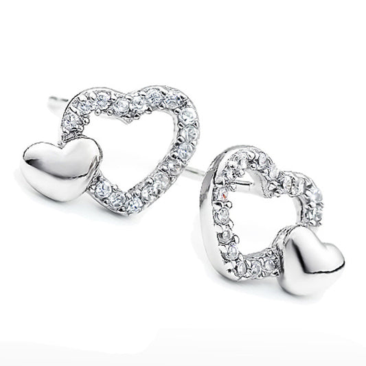 Zircon Hollow Heart with Love Silver Studs Earrings for Women