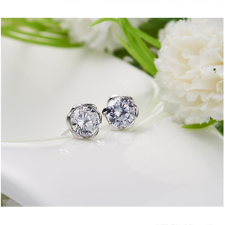 Round Zircon Plum Blossom Silver Studs Earrings for Women