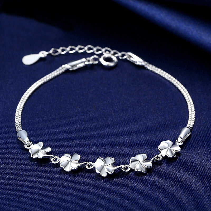 Beading Lucky Four-leaf Clover Silver Bracelet for Women