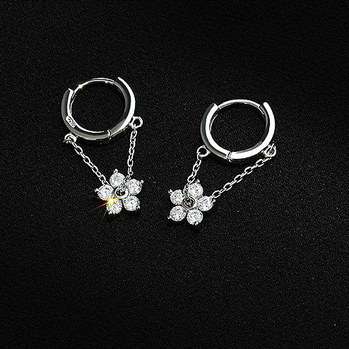 Zircon Cherry Blossom Pendant Silver Hoop Earrings for Women