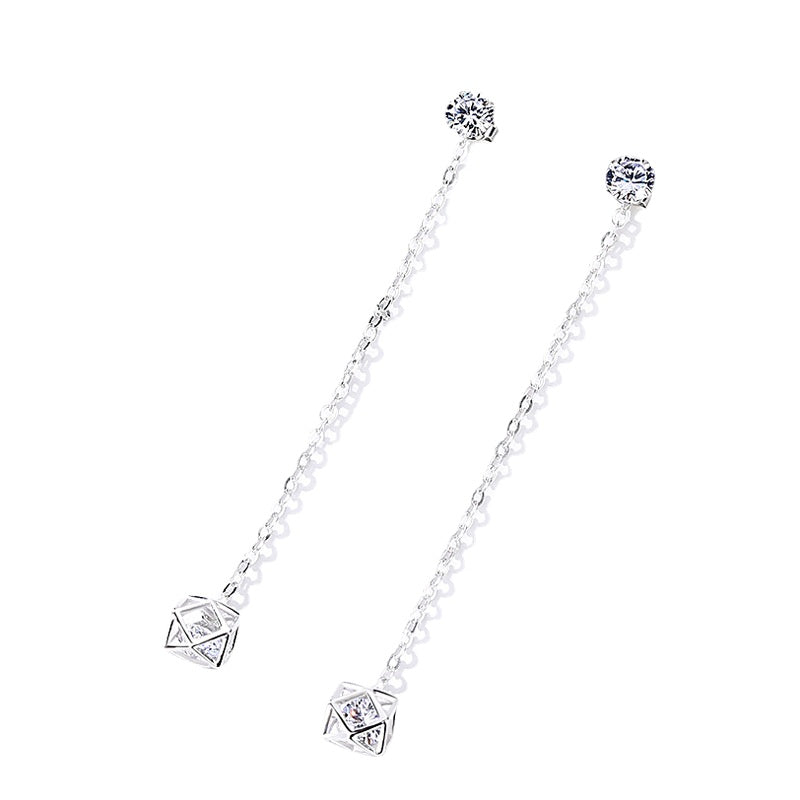 Two Wearing Rubik‘s Cube with Zircon Long Style Silver Drop Earrings for Women