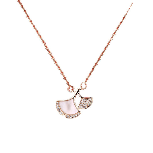 Mother of Pearl Ginko Leaf with Zircon Silver Necklace for Women