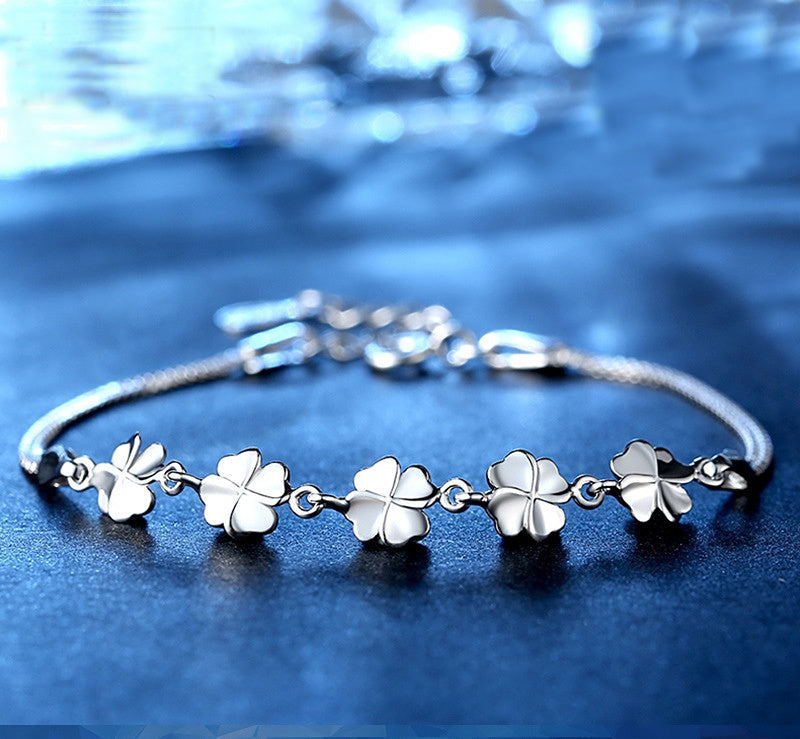 Beading Lucky Four-leaf Clover Silver Bracelet for Women