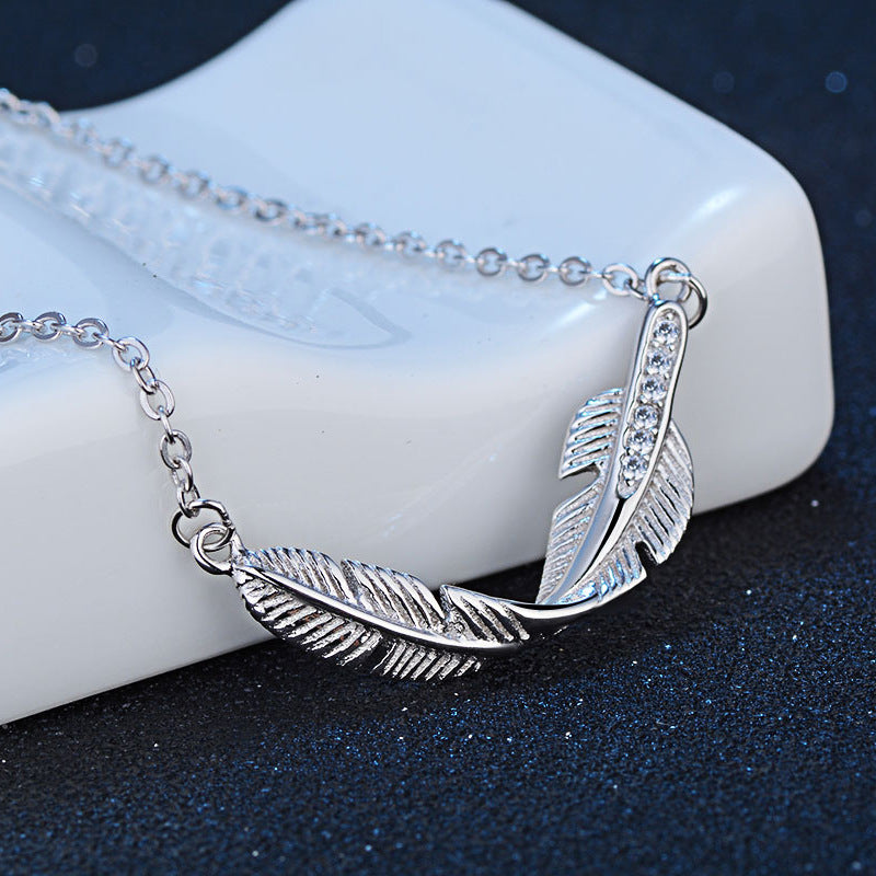 Feather with Zircon Pendant Silver Necklace for Women