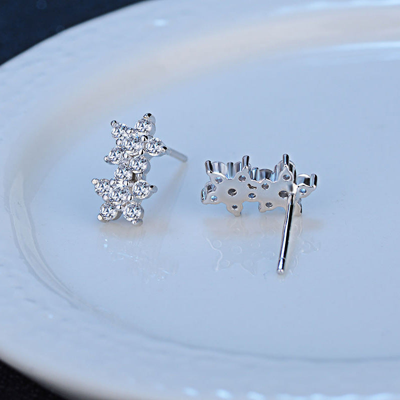 Two Zircon Flowers Silver Studs Earrings for Women