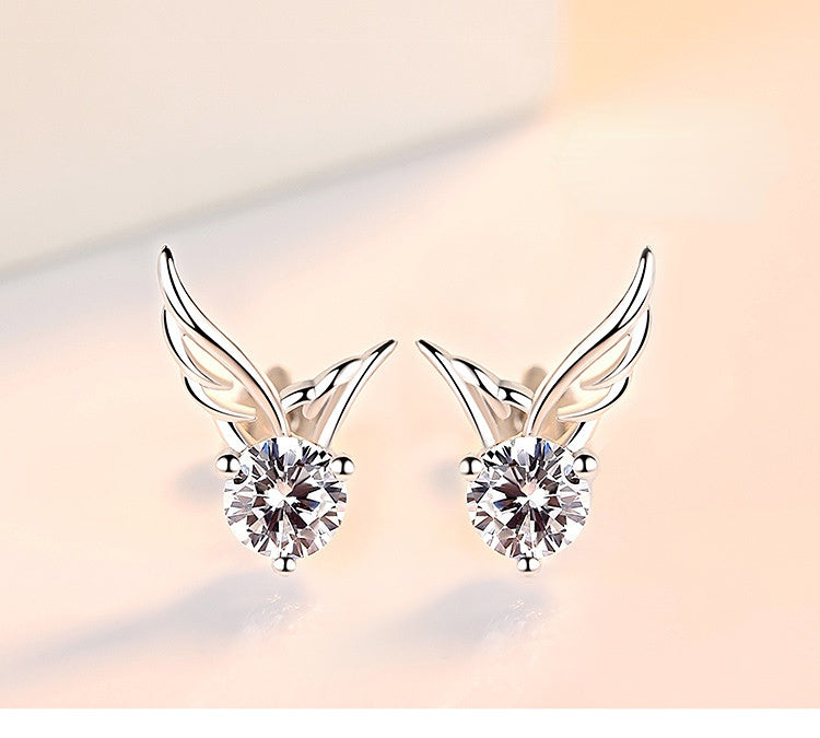 Round Zircon Angle Wings Silver Studs Earrings for Women