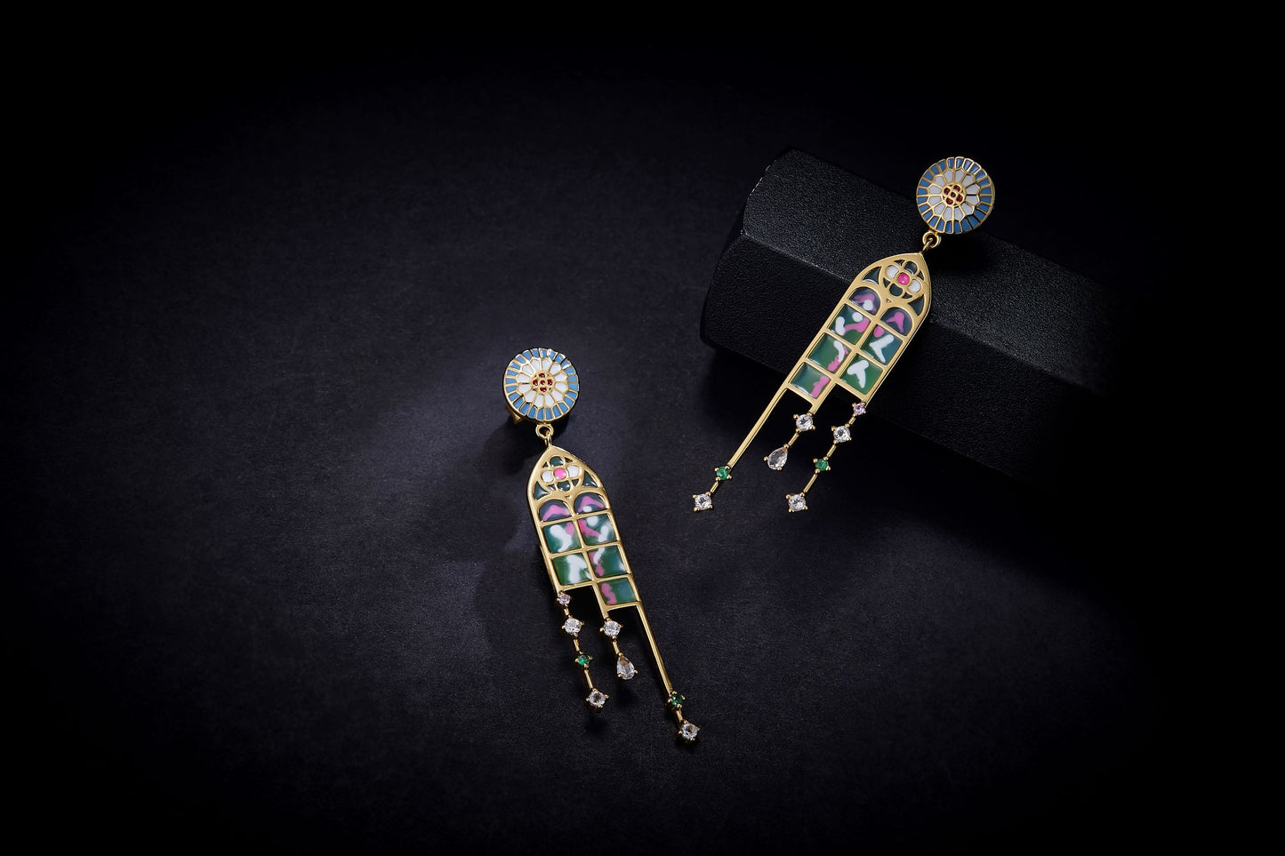 Colourful Paris Flower Window Enamel Drop Earrings for Women