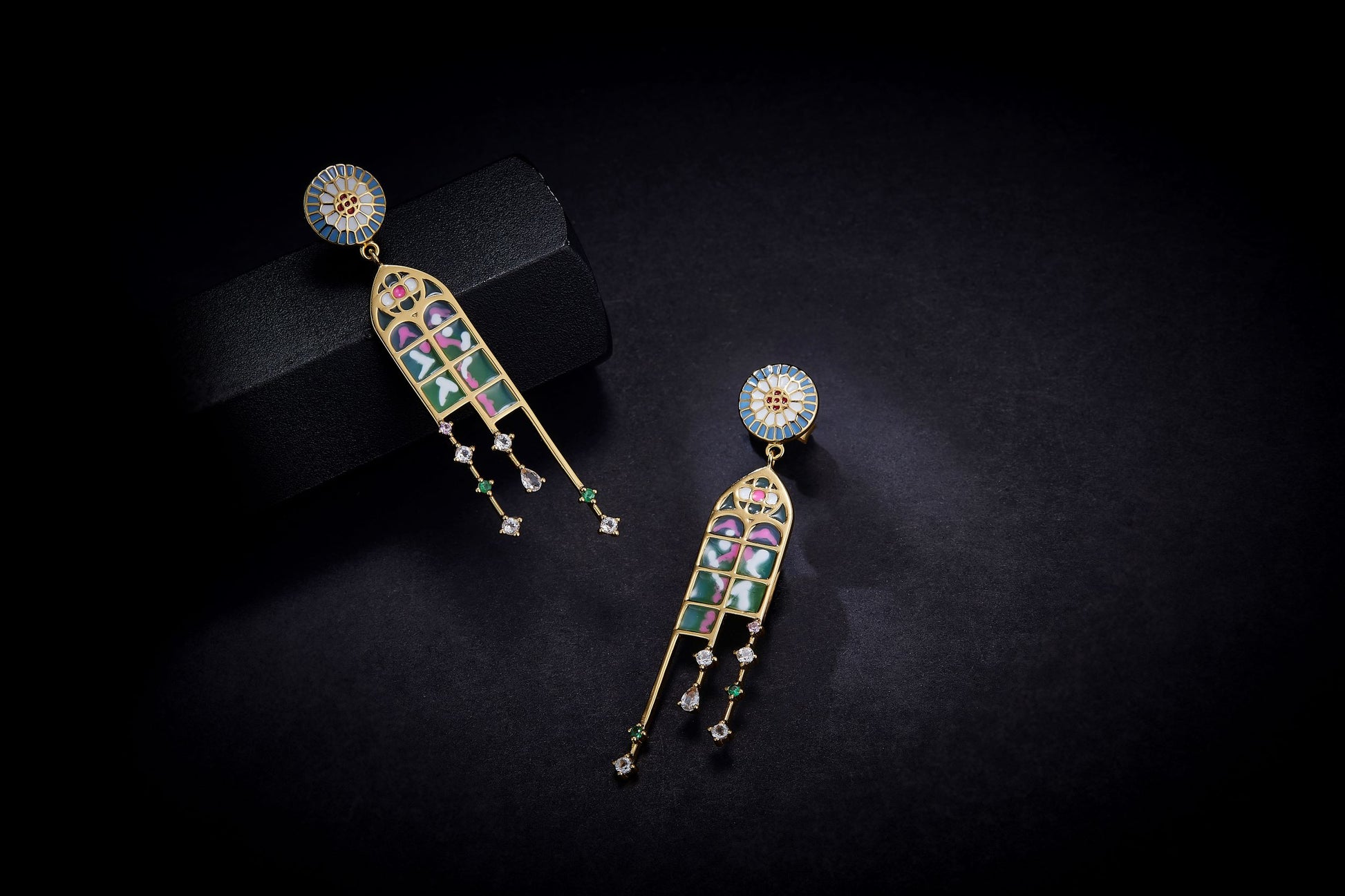 Colourful Paris Flower Window Enamel Drop Earrings for Women