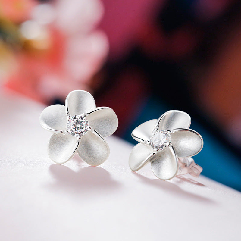 Plum Blossom with Zircon Silver Studs Earrings for Women