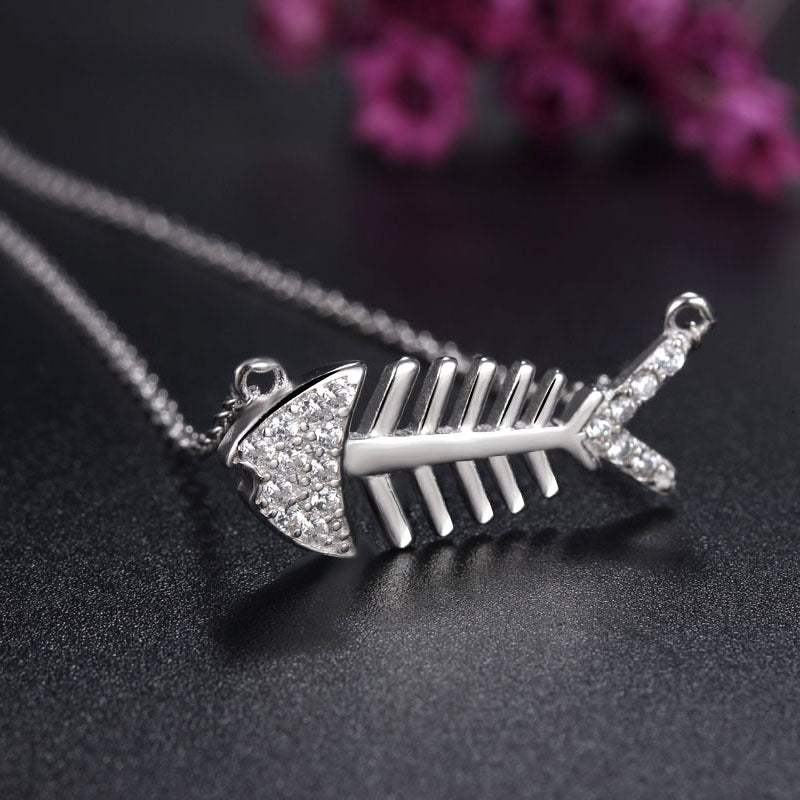 Fishbone with Zircon Pendant Silver for Women