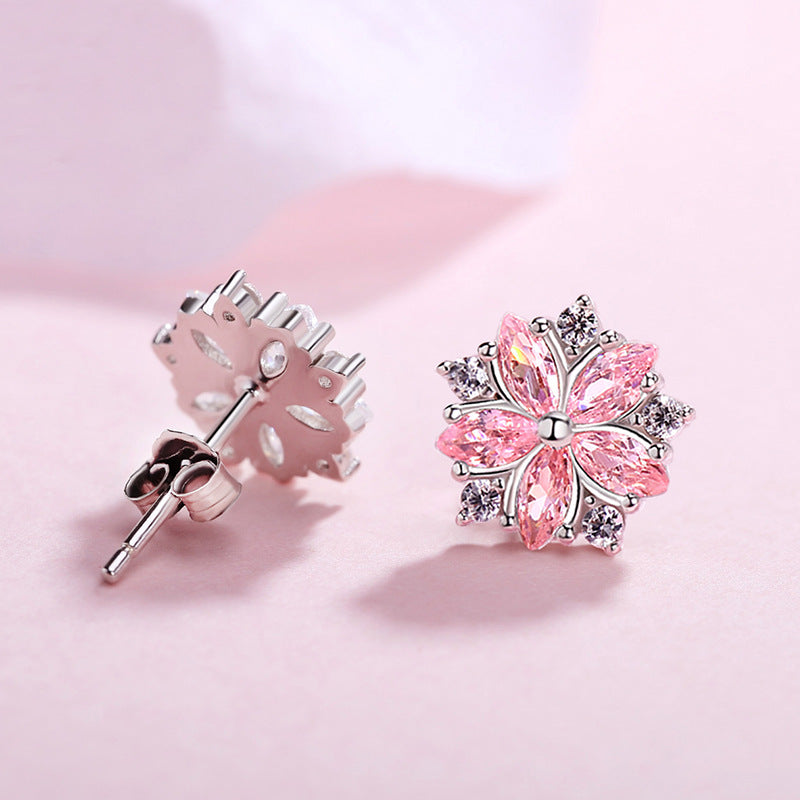 Pink Zircon Cherry Blossoms Silver Studs Earrings for Women