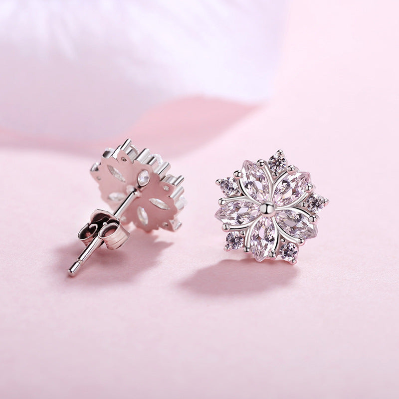 Pink Zircon Cherry Blossoms Silver Studs Earrings for Women