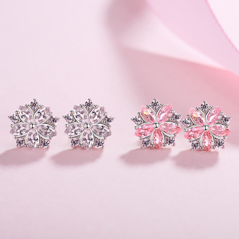 Pink Zircon Cherry Blossoms Silver Studs Earrings for Women