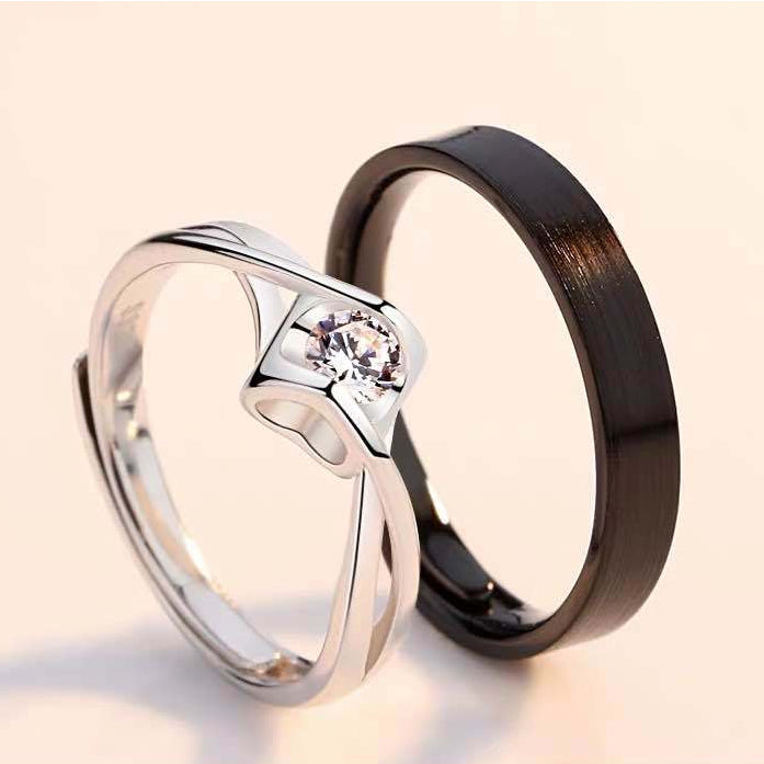 Two Colour Heart with Zircon Silver Couple Ring