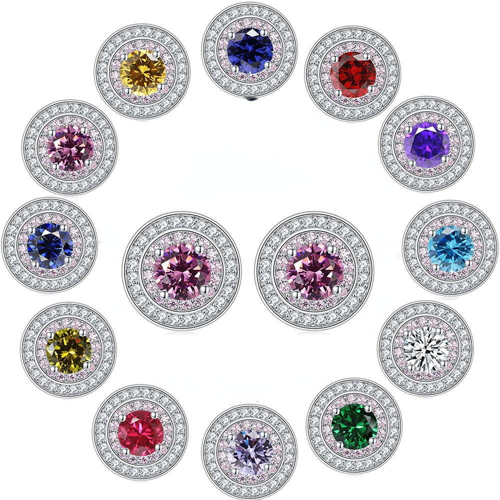 Round Zircon Soleste Halo with Pink Zircon Silver Studs Earrings for Women