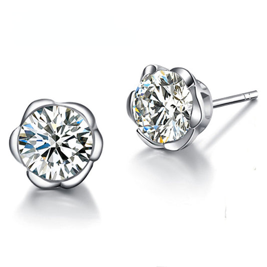 Round Zircon Plum Blossom Silver Studs Earrings for Women