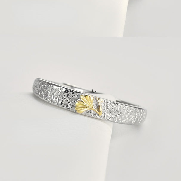 Ginkgo Leaf Pleated Texture Silver Couple Ring for Women