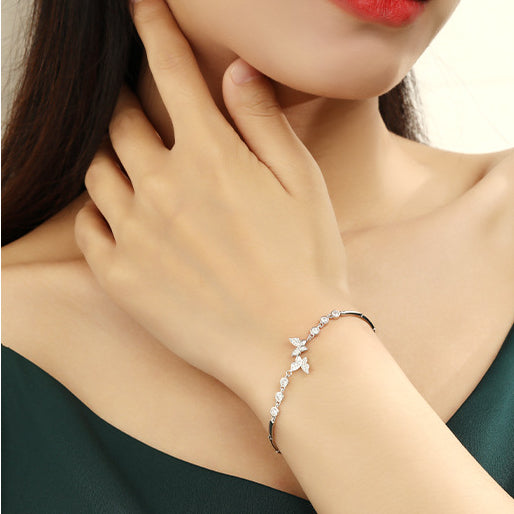 Double Flying Zircon Butterfly Silver Bracelet for Women