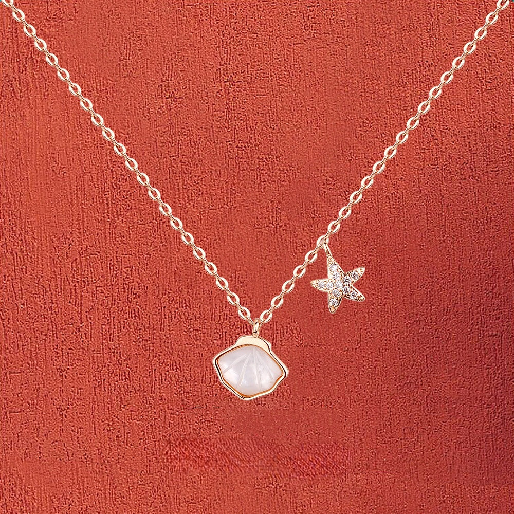 Mother of Pearl Shell with Zircon Star Silver Necklace for Women