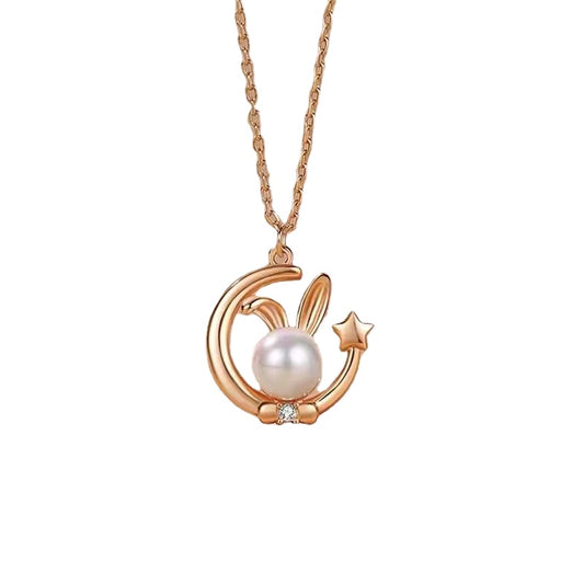 Star Moon Natural Pearl Rabbit Pendant Silver Necklace for Women