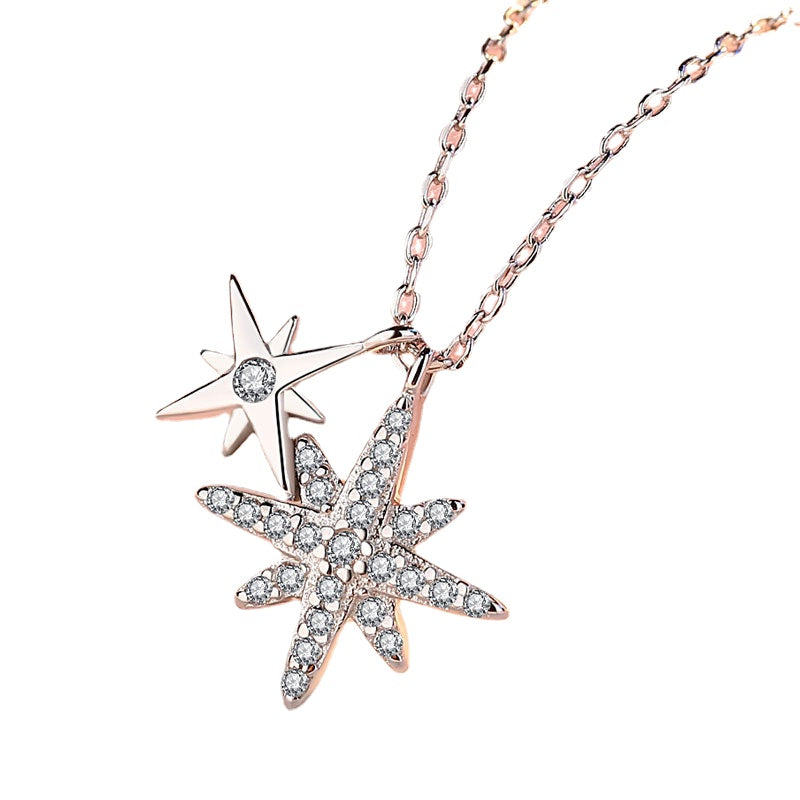 Octagonal Star with Zircon Pendant Silver Necklace for Women