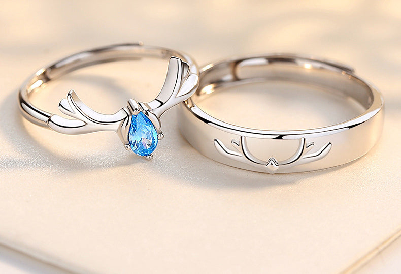 Deer with Blue Zircon Silver Couple Rings for Women